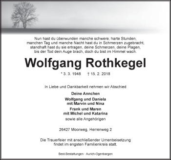 Traueranzeige von Wolfgang Rothkegel von Rhein-Zeitung