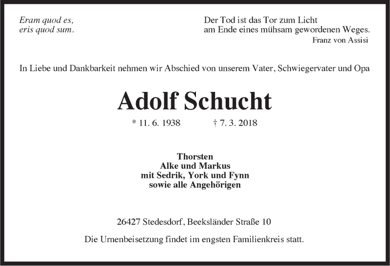  Traueranzeige für Adolf Schucht vom 10.03.2018 aus Rhein-Zeitung