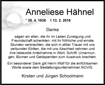 Traueranzeige von Anneliese Hähnel von Wilhelmshavener Zeitung