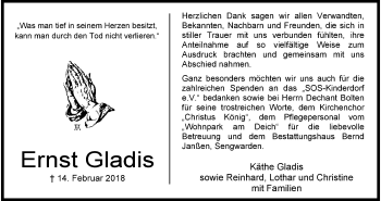 Traueranzeige von Ernst Gladis von Wilhelmshavener Zeitung