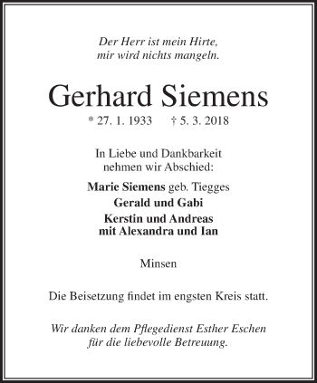 Traueranzeige von Gerhard Siemens von Rhein-Zeitung