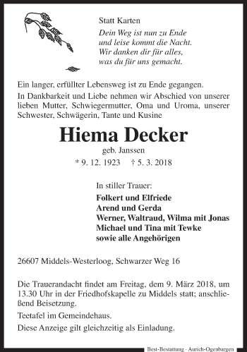 Traueranzeige von Hiema Decker von Rhein-Zeitung