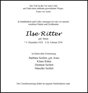 Traueranzeige von Ilse Ritter von Wilhelmshavener Zeitung