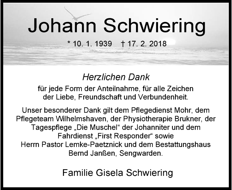  Traueranzeige für Johann Schwiering vom 24.03.2018 aus Wilhelmshavener Zeitung