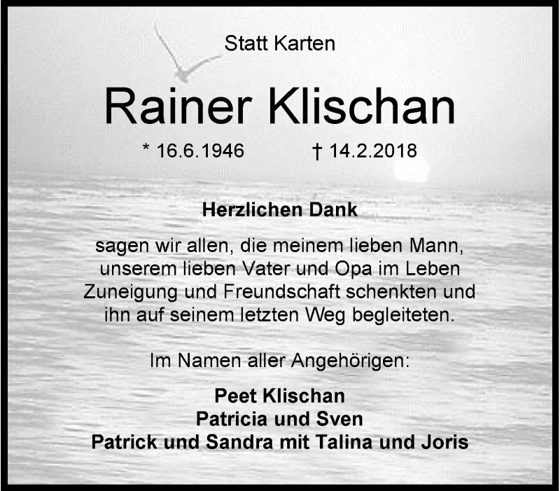  Traueranzeige für Rainer Klischan vom 17.03.2018 aus Wilhelmshavener Zeitung