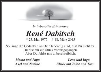 Traueranzeige von Rene Dabitsch von Rhein-Zeitung