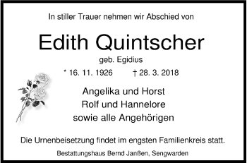 Traueranzeige von Edith Quintscher von Wilhelmshavener Zeitung