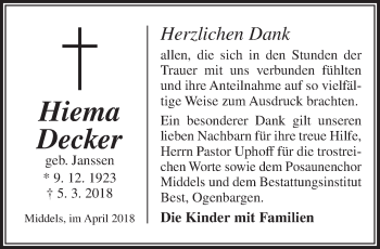Traueranzeige von Hiema Decker von Rhein-Zeitung