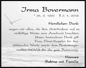 Traueranzeige von Irma Bovermann von Wilhelmshavener Zeitung