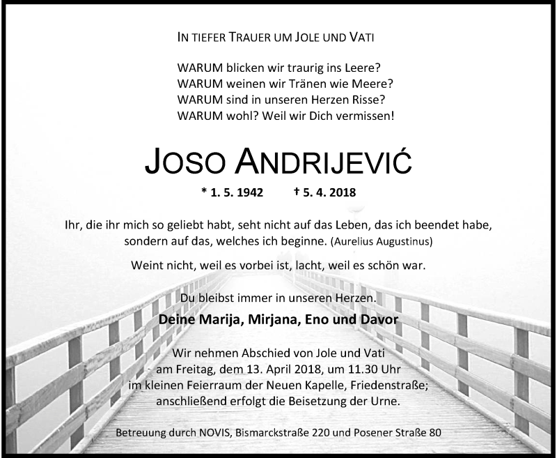  Traueranzeige für Joso Andrijevic vom 11.04.2018 aus Wilhelmshavener Zeitung