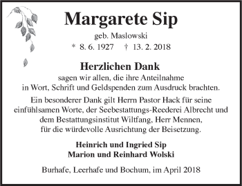 Traueranzeige von Margarete Sip von Anzeiger für Harlingerland