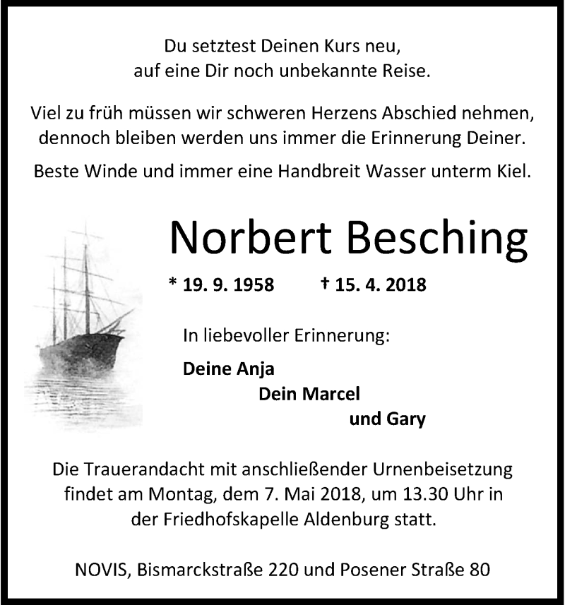  Traueranzeige für Norbert Besching vom 28.04.2018 aus Wilhelmshavener Zeitung