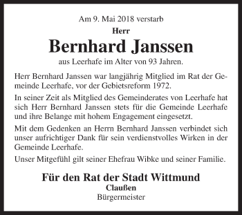 Traueranzeige von Bernhard Janssen von Rhein-Zeitung