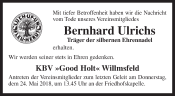 Traueranzeige von Bernhard Ulrichs von Rhein-Zeitung