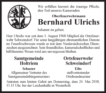 Traueranzeige von Bernhard Ulrichs von Rhein-Zeitung