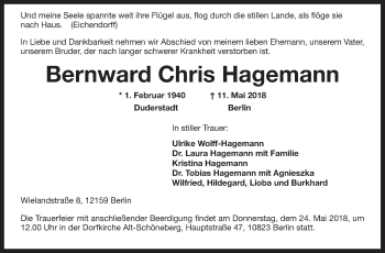 Traueranzeige von Bernward Chris Hagemann von Wilhelmshavener Zeitung
