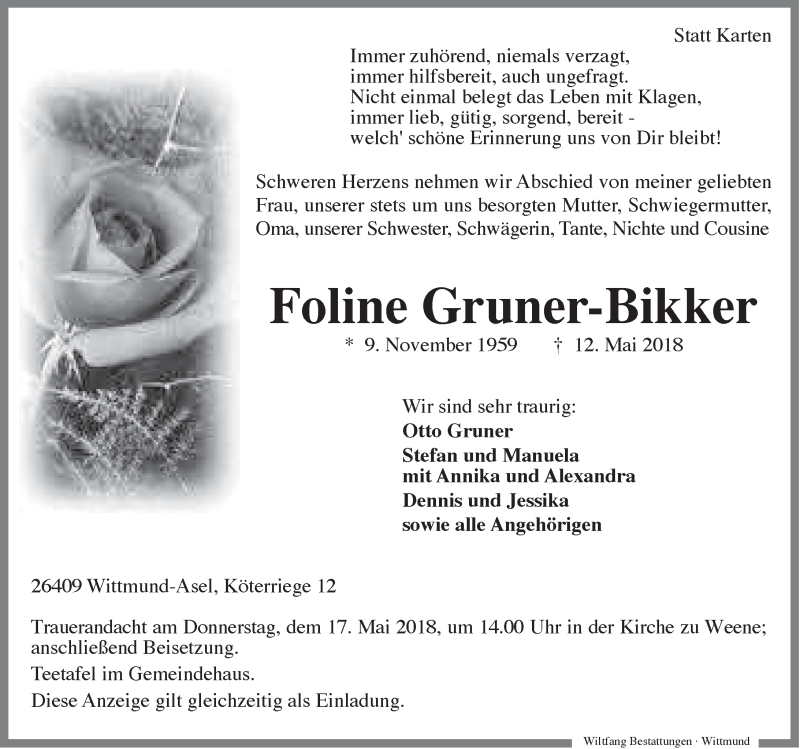 Traueranzeige für Foline Gruner-Bikker vom 15.05.2018 aus Rhein-Zeitung