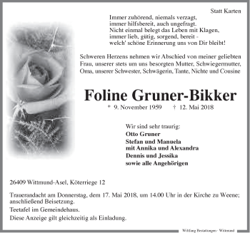 Traueranzeige von Foline Gruner-Bikker von Rhein-Zeitung