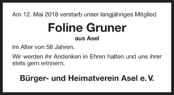Traueranzeige von Foline Gruner von Rhein-Zeitung