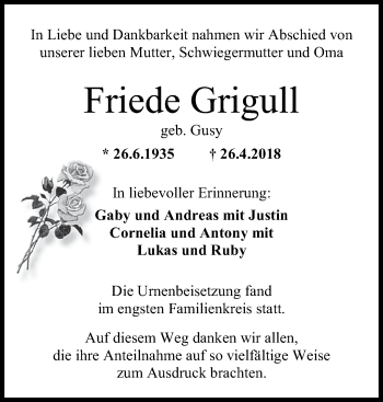 Traueranzeige von Friede Grigull von Wilhelmshavener Zeitung