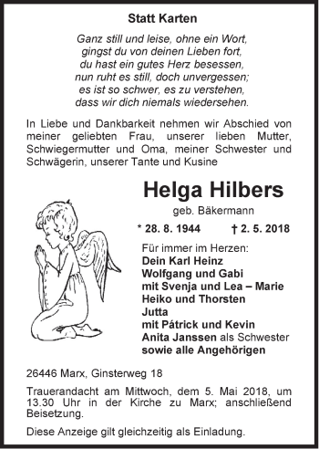 Traueranzeige von Helga Hilbers von Rhein-Zeitung