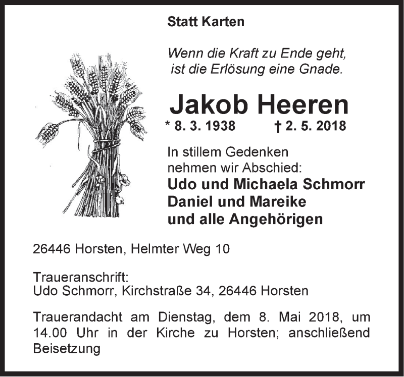  Traueranzeige für Jakob Heeren vom 04.05.2018 aus Rhein-Zeitung