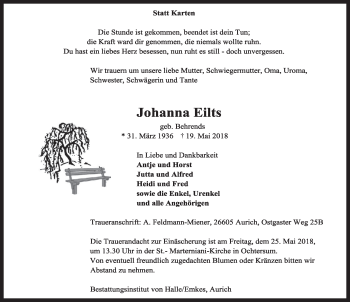 Traueranzeige von Johanna Eilts von Rhein-Zeitung