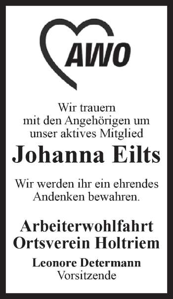 Traueranzeige von Johanna Eilts von Rhein-Zeitung