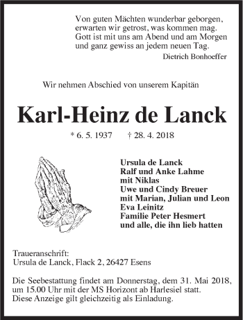 Traueranzeige von Karl-Heinz de Lanck von Rhein-Zeitung