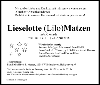 Traueranzeige von Lieselotte Matzen von Wilhelmshavener Zeitung