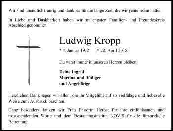 Traueranzeige von Ludwig Kropp von Wilhelmshavener Zeitung