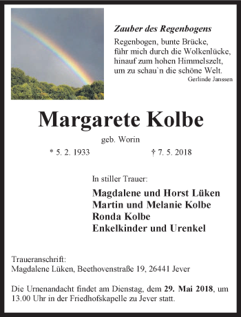 Traueranzeige von Margarete Kolbe von Rhein-Zeitung