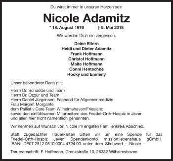 Traueranzeige von Nicole Adamitz von Wilhelmshavener Zeitung