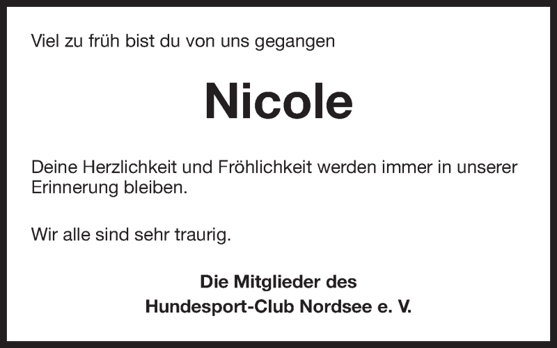  Traueranzeige für Nicole Adamitz vom 19.05.2018 aus Wilhelmshavener Zeitung