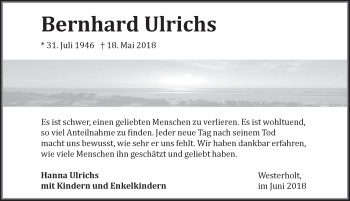 Traueranzeige von Bernhard Ulrichs von Anzeiger für Harlingerland