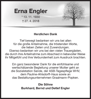 Traueranzeige von Erna Engler von Wilhelmshavener Zeitung