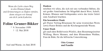 Traueranzeige von Foline Gruner-Bikker von Rhein-Zeitung