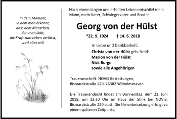 Traueranzeige von Georg von der Hülst von Wilhelmshavener Zeitung