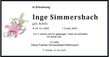 Traueranzeige von Inge Simmersbach von Wilhelmshavener Zeitung
