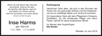 Traueranzeige von Inse Harms von Rhein-Zeitung