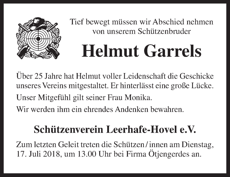  Traueranzeige für Helmut Garrels vom 07.07.2018 aus Anzeiger für Harlingerland