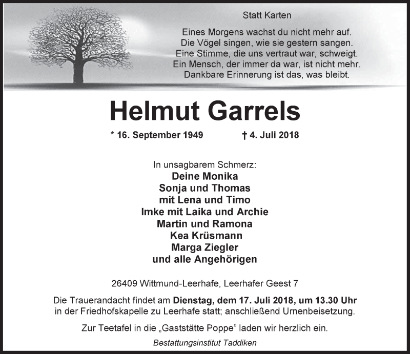  Traueranzeige für Helmut Garrels vom 07.07.2018 aus Rhein-Zeitung
