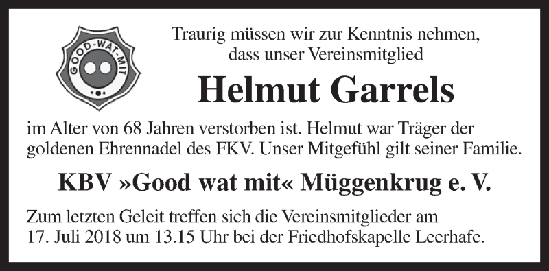  Traueranzeige für Helmut Garrels vom 10.07.2018 aus Rhein-Zeitung