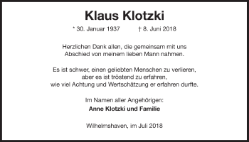 Traueranzeige von Klaus Klotzki von Wilhelmshavener Zeitung
