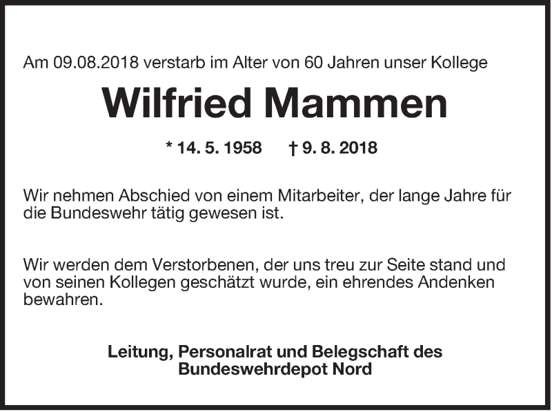  Traueranzeige für Wilfried Mammen vom 18.08.2018 aus Rhein-Zeitung