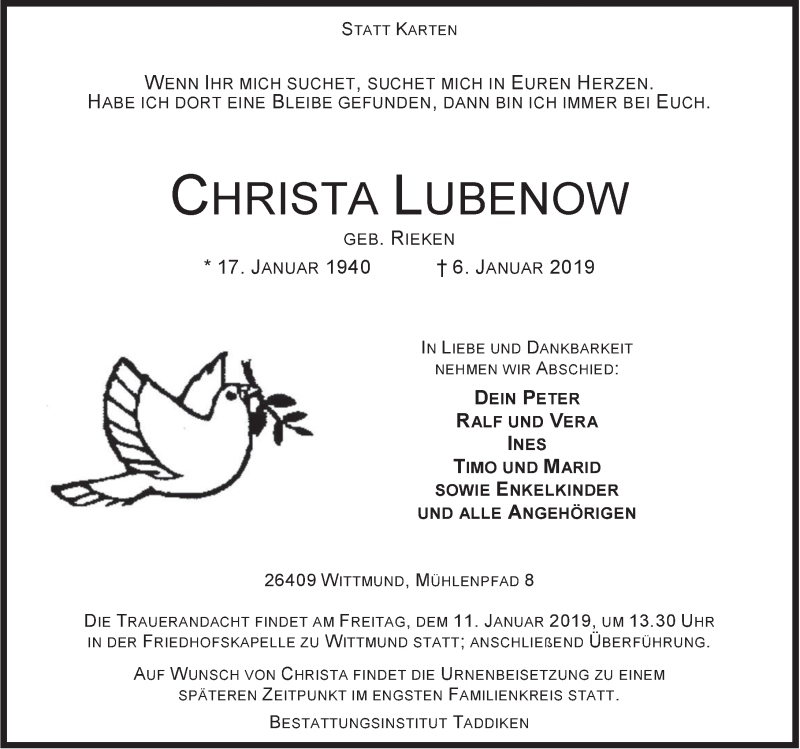  Traueranzeige für Christa Lubenow vom 08.01.2019 aus Rhein-Zeitung