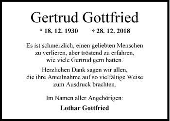 Traueranzeige von Gertrud Gottfried von Wilhelmshavener Zeitung