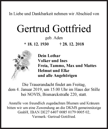 Traueranzeige von Gertrud Gottfried von Wilhelmshavener Zeitung