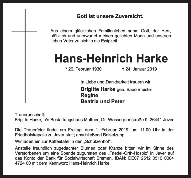  Traueranzeige für Hans-Heinrich Harke vom 28.01.2019 aus Rhein-Zeitung