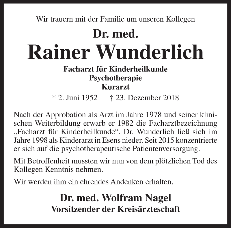  Traueranzeige für Rainer Wunderlich vom 08.01.2019 aus Rhein-Zeitung